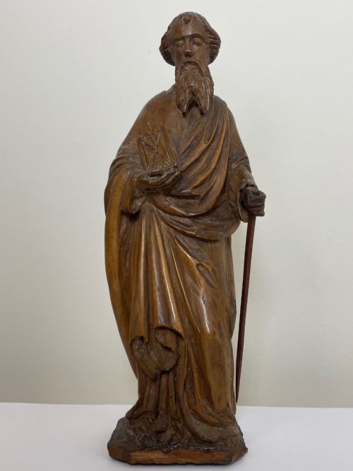 SMALL RELIGIOUS 19TH CENTURY CARVED FRUITWOOD ST PAUL SCULPTURE - ADDITIONAL PHOTO 4