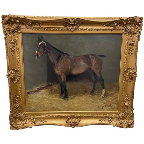 antique oil painting horse bay hunter in stable signed evelyn harke - CATEGORY: ANTIQUE ART - DATED 1900