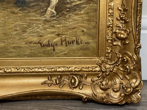 ANTIQUE OIL PAINTING HORSE BAY HUNTER IN STABLE SIGNED EVELYN HARKE - ADDITIONAL PHOTO 10
