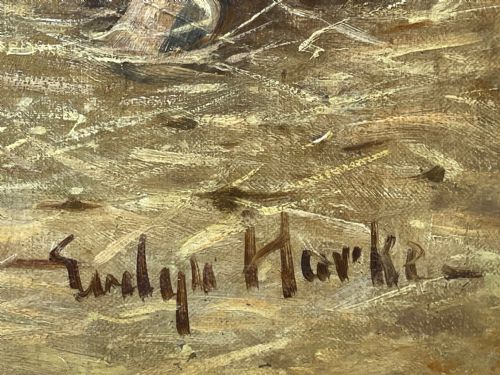 ANTIQUE OIL PAINTING HORSE BAY HUNTER IN STABLE SIGNED EVELYN HARKE - ADDITIONAL PHOTO 11