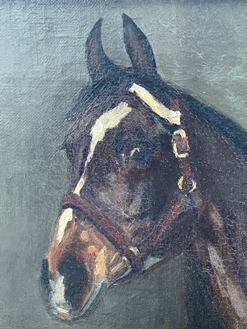 ANTIQUE OIL PAINTING HORSE BAY HUNTER IN STABLE SIGNED EVELYN HARKE - ADDITIONAL PHOTO 14