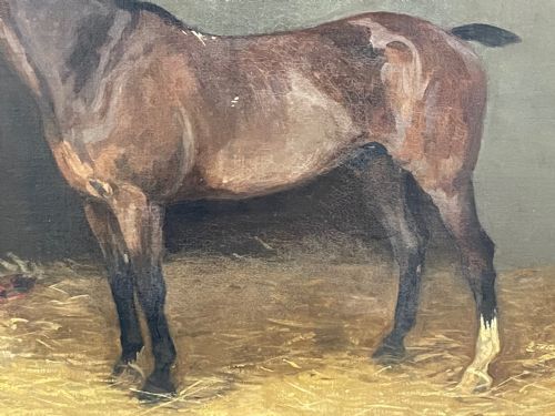 ANTIQUE OIL PAINTING HORSE BAY HUNTER IN STABLE SIGNED EVELYN HARKE - ADDITIONAL PHOTO 15