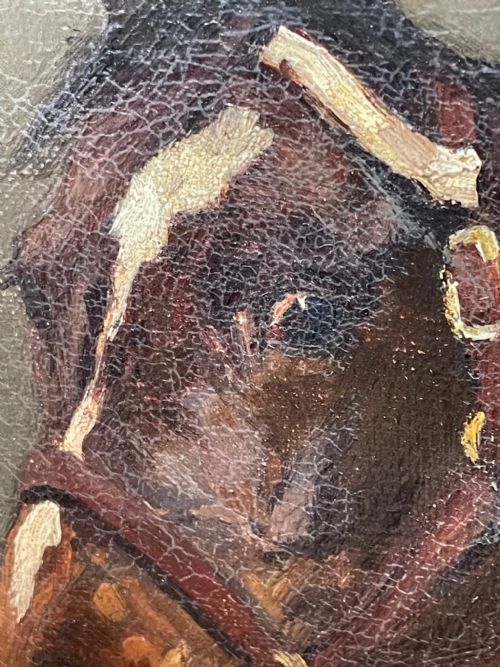 ANTIQUE OIL PAINTING HORSE BAY HUNTER IN STABLE SIGNED EVELYN HARKE - ADDITIONAL PHOTO 19