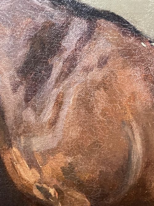 ANTIQUE OIL PAINTING HORSE BAY HUNTER IN STABLE SIGNED EVELYN HARKE - ADDITIONAL PHOTO 20