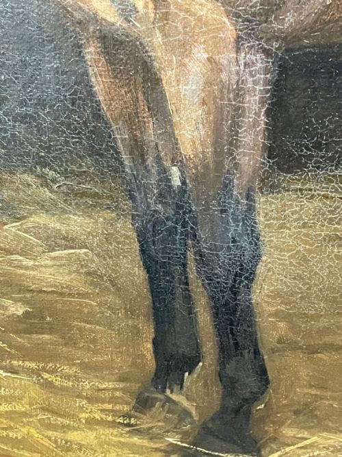 ANTIQUE OIL PAINTING HORSE BAY HUNTER IN STABLE SIGNED EVELYN HARKE - ADDITIONAL PHOTO 21