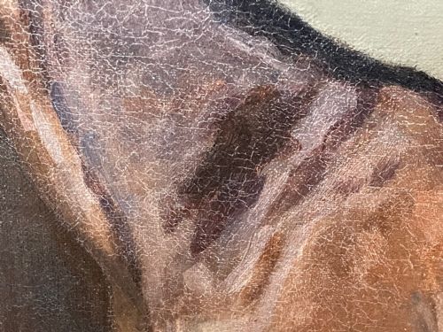 ANTIQUE OIL PAINTING HORSE BAY HUNTER IN STABLE SIGNED EVELYN HARKE - ADDITIONAL PHOTO 25