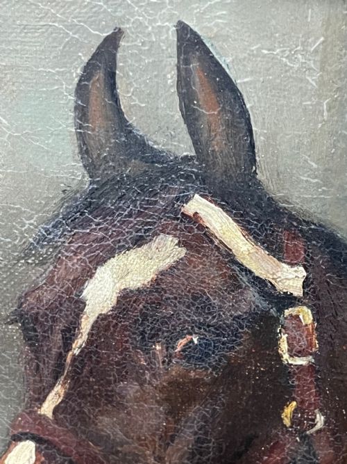 ANTIQUE OIL PAINTING HORSE BAY HUNTER IN STABLE SIGNED EVELYN HARKE - ADDITIONAL PHOTO 26