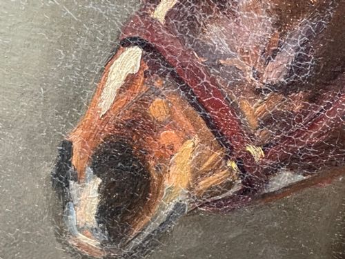 ANTIQUE OIL PAINTING HORSE BAY HUNTER IN STABLE SIGNED EVELYN HARKE - ADDITIONAL PHOTO 27