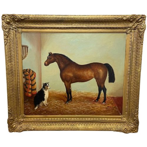british 19th century oil painting bay hunter horse with dog in stable by j harris - CATEGORY: ANTIQUE ART - DATED 19TH CENTURY