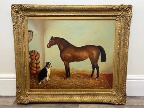 BRITISH 19TH CENTURY OIL PAINTING BAY HUNTER HORSE WITH DOG IN STABLE BY J HARRIS - ADDITIONAL PHOTO 1