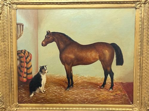 BRITISH 19TH CENTURY OIL PAINTING BAY HUNTER HORSE WITH DOG IN STABLE BY J HARRIS - ADDITIONAL PHOTO 2