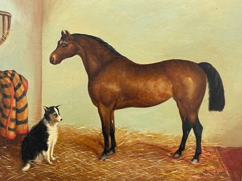 BRITISH 19TH CENTURY OIL PAINTING BAY HUNTER HORSE WITH DOG IN STABLE BY J HARRIS - ADDITIONAL PHOTO 3