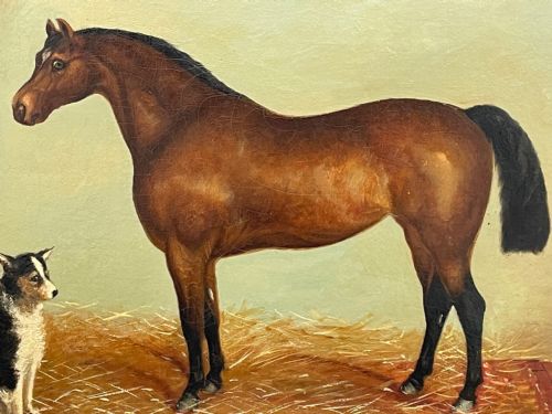 BRITISH 19TH CENTURY OIL PAINTING BAY HUNTER HORSE WITH DOG IN STABLE BY J HARRIS - ADDITIONAL PHOTO 4