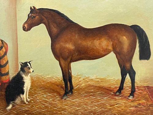 BRITISH 19TH CENTURY OIL PAINTING BAY HUNTER HORSE WITH DOG IN STABLE BY J HARRIS - ADDITIONAL PHOTO 6