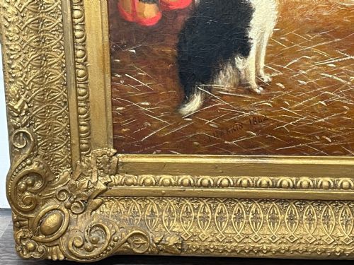 BRITISH 19TH CENTURY OIL PAINTING BAY HUNTER HORSE WITH DOG IN STABLE BY J HARRIS - ADDITIONAL PHOTO 11