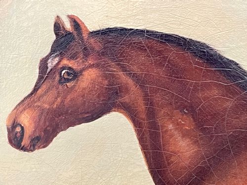 BRITISH 19TH CENTURY OIL PAINTING BAY HUNTER HORSE WITH DOG IN STABLE BY J HARRIS - ADDITIONAL PHOTO 13
