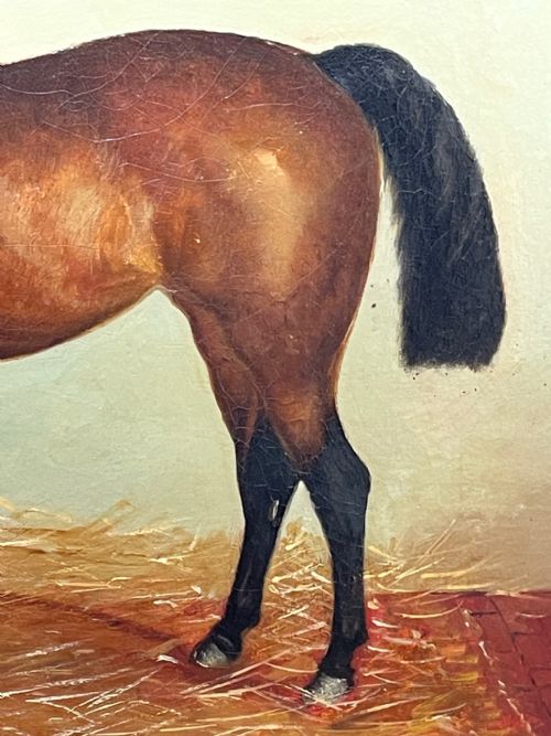 BRITISH 19TH CENTURY OIL PAINTING BAY HUNTER HORSE WITH DOG IN STABLE BY J HARRIS - ADDITIONAL PHOTO 16