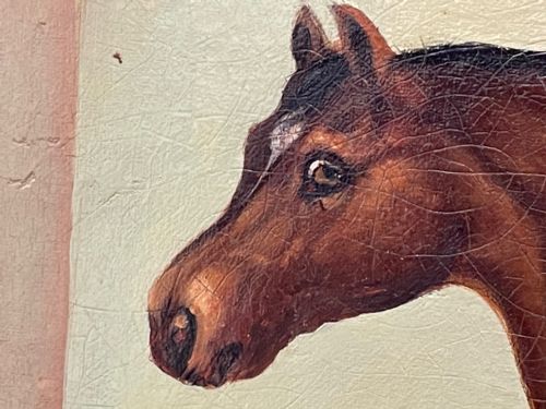 BRITISH 19TH CENTURY OIL PAINTING BAY HUNTER HORSE WITH DOG IN STABLE BY J HARRIS - ADDITIONAL PHOTO 26