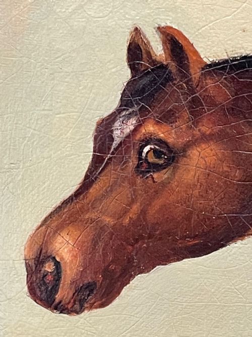 BRITISH 19TH CENTURY OIL PAINTING BAY HUNTER HORSE WITH DOG IN STABLE BY J HARRIS - ADDITIONAL PHOTO 27
