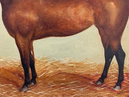 BRITISH 19TH CENTURY OIL PAINTING BAY HUNTER HORSE WITH DOG IN STABLE BY J HARRIS - ADDITIONAL PHOTO 28