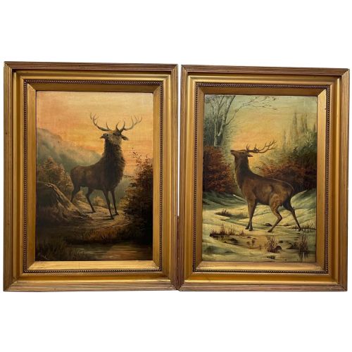 pair oil paintings portrait monarchs of glen deer stags in highlands - CATEGORY: ANTIQUE ART - DATED EDWARDIAN