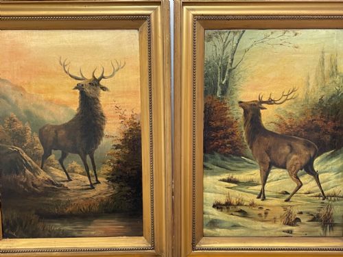 PAIR OIL PAINTINGS PORTRAIT MONARCHS OF GLEN DEER STAGS IN HIGHLANDS - ADDITIONAL PHOTO 1