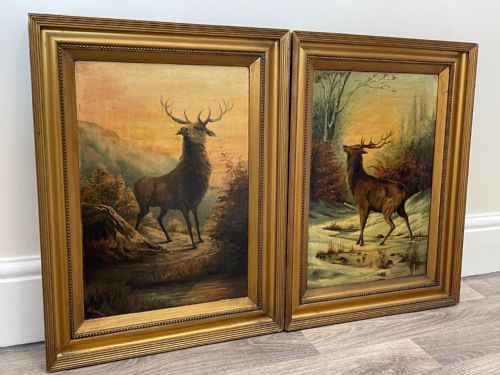 PAIR OIL PAINTINGS PORTRAIT MONARCHS OF GLEN DEER STAGS IN HIGHLANDS - ADDITIONAL PHOTO 2