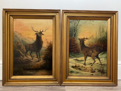 PAIR OIL PAINTINGS PORTRAIT MONARCHS OF GLEN DEER STAGS IN HIGHLANDS - ADDITIONAL PHOTO 5