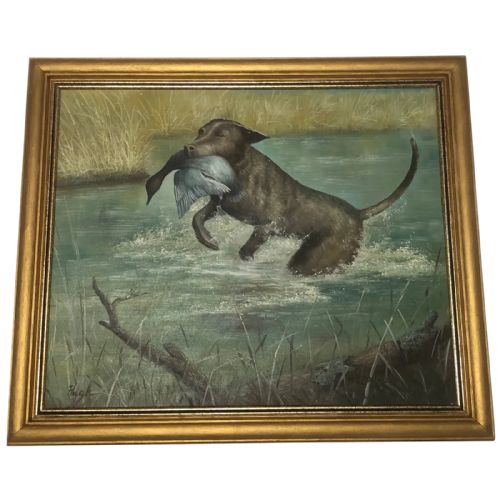 british sporting oil painting hunting dog carrying duck prey - CATEGORY: ANTIQUE ART - DATED 1950