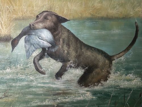 BRITISH SPORTING OIL PAINTING HUNTING DOG CARRYING DUCK PREY - ADDITIONAL PHOTO 1