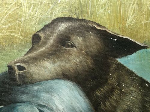 BRITISH SPORTING OIL PAINTING HUNTING DOG CARRYING DUCK PREY - ADDITIONAL PHOTO 3