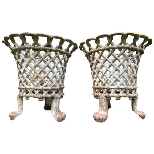 pair edwardian garden cast iron lattice planters on lion paw feet - CATEGORY: ANTIQUE METAL - DATED EDWARDIAN