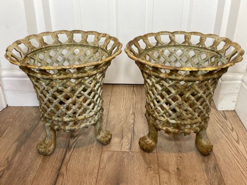 PAIR EDWARDIAN GARDEN CAST IRON LATTICE PLANTERS ON LION PAW FEET - ADDITIONAL PHOTO 1