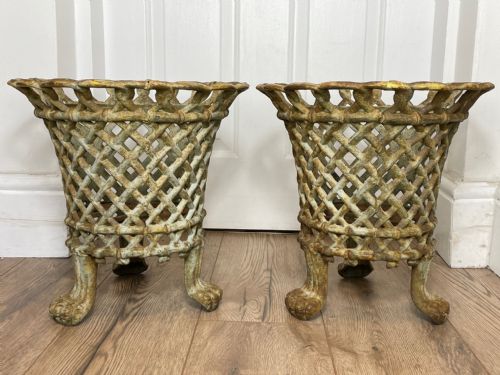 PAIR EDWARDIAN GARDEN CAST IRON LATTICE PLANTERS ON LION PAW FEET - ADDITIONAL PHOTO 2