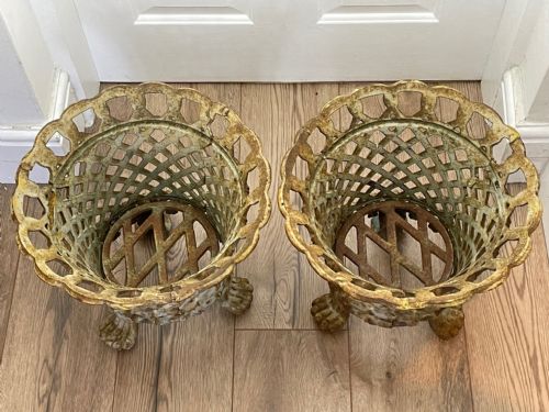 PAIR EDWARDIAN GARDEN CAST IRON LATTICE PLANTERS ON LION PAW FEET - ADDITIONAL PHOTO 18
