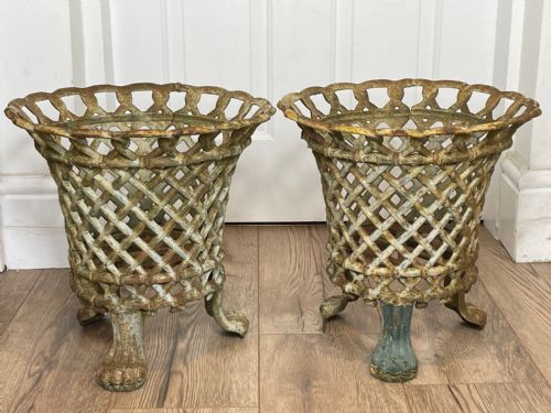PAIR EDWARDIAN GARDEN CAST IRON LATTICE PLANTERS ON LION PAW FEET - ADDITIONAL PHOTO 24