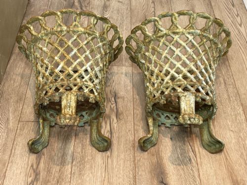 PAIR EDWARDIAN GARDEN CAST IRON LATTICE PLANTERS ON LION PAW FEET - ADDITIONAL PHOTO 25