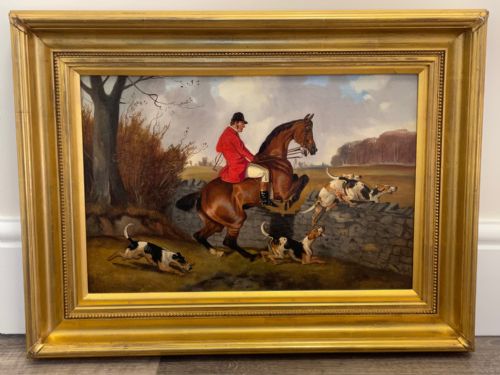 VICTORIAN OIL PAINTING TAKING A FENCE HUNTING BY JOHN ALFRED WHEELER - ADDITIONAL PHOTO 1