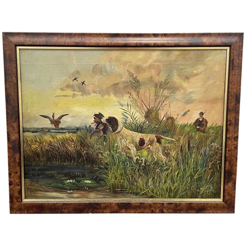 oil painting gun pointer dog carrying duck hunter in scottish moors - CATEGORY: ANTIQUE ART - DATED EDWARDIAN