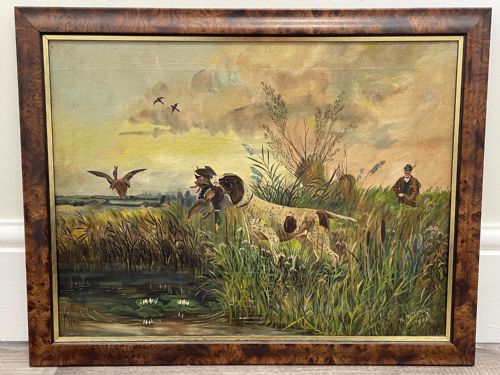 OIL PAINTING GUN POINTER DOG CARRYING DUCK HUNTER IN SCOTTISH MOORS - ADDITIONAL PHOTO 1