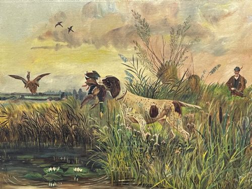 OIL PAINTING GUN POINTER DOG CARRYING DUCK HUNTER IN SCOTTISH MOORS - ADDITIONAL PHOTO 2