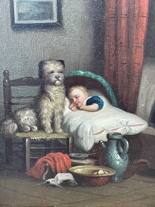 VICTORIAN OIL CANVAS PAINTING DOG GUARDING SLEEPING CHILD - ADDITIONAL PHOTO 9