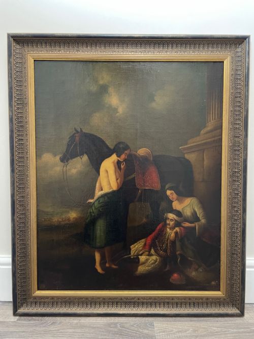 fig 1. A 19th-century oil painting depicting a wounded figure in traditional costume sitting beside a black horse and two women, housed in a moulded gilt frame.