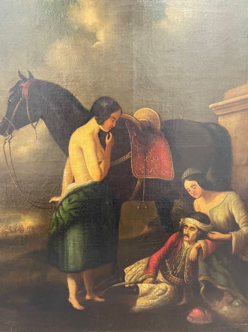 fig 2. A 19th-century oil painting depicting a wounded figure in traditional costume sitting beside a black horse and two women, housed in a moulded gilt frame.
