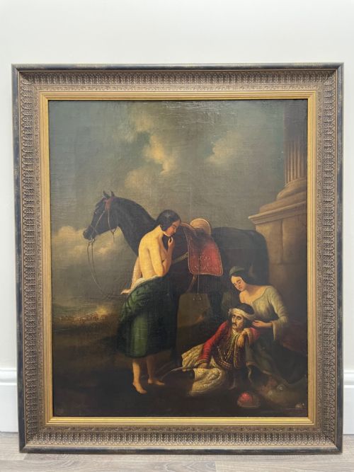 fig 3. A 19th-century oil painting depicting a wounded figure in traditional costume sitting beside a black horse and two women, housed in a moulded gilt frame.