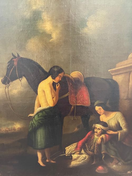 fig 4. A 19th-century oil painting depicting a wounded figure in traditional costume sitting beside a black horse and two women, housed in a moulded gilt frame.