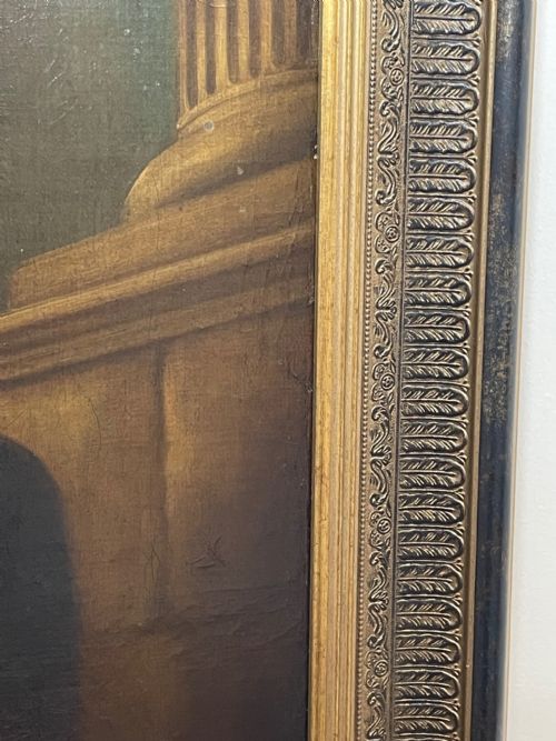fig 7. A 19th-century oil painting depicting a wounded figure in traditional costume sitting beside a black horse and two women, housed in a moulded gilt frame.