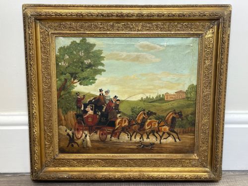 fig 1. A 19th-century oil painting depicting a Royal Mail coach drawn by four horses in a rural landscape, set within an ornate gilded frame.