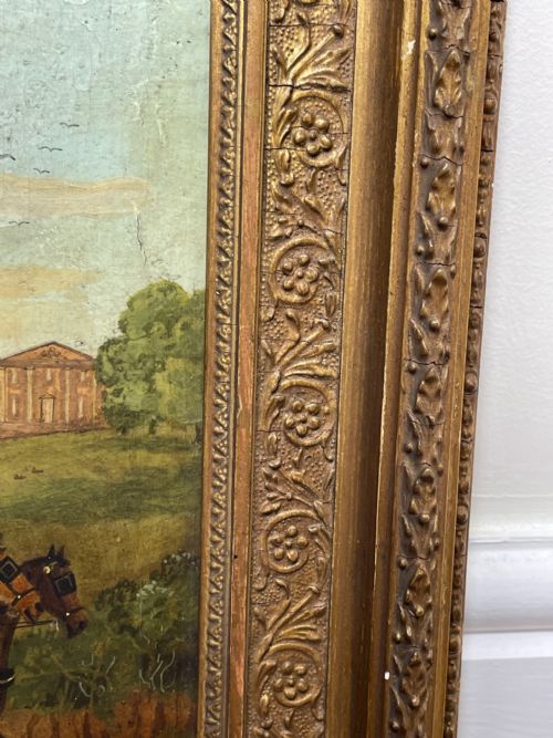 fig 4. A 19th-century oil painting depicting a Royal Mail coach drawn by four horses in a rural landscape, set within an ornate gilded frame.