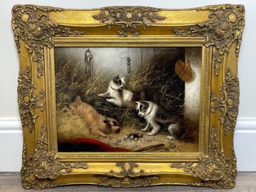 VICTORIAN OIL PAINTING 3 TERRIER DOGS A SHARP LOOKOUT BY EDWARD ARMFIELD - ADDITIONAL PHOTO 4